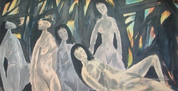 cinq nu Dames vieux Chine encre Peinture à l'huile